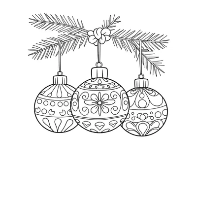 Detailed coloring page of three Christmas ornaments hanging from a pine branch, each ball filled with flowers, swirls and dots.