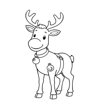 Simple coloring page of a smiling reindeer with branching antlers, standing on four legs in a collar and a harness hung with round bells.