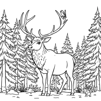 Coloring page of a large reindeer with tall branching antlers standing among pine trees, with a small bird near one antler and a tiny animal in the snow.