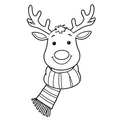 Simple coloring page of a smiling reindeer face with big antlers, a round nose and a fringed striped scarf.