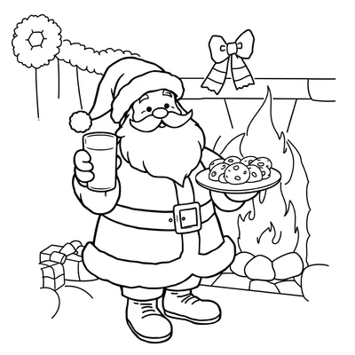 Coloring page of Santa standing by a fireplace holding a glass of milk and a plate of cookies, with a wreath, a bow and wrapped presents behind him.