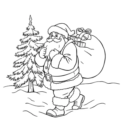 Coloring page of Santa walking through the snow with a big sack of presents over his shoulder, beside a tall pine tree.