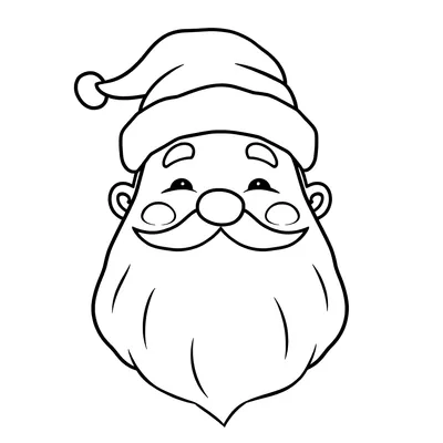 Simple coloring page of a smiling Santa face with rosy cheeks, a round nose, a long curved beard and a hat with a pom-pom, in thick black outlines.