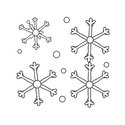 Simple coloring page of four six-armed snowflakes of different sizes with short branches, spaced apart with small dots between them.