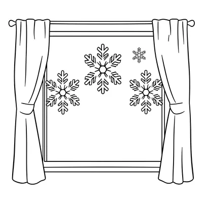 Coloring page of a window with curtains on both sides and four snowflakes of different sizes on the glass.