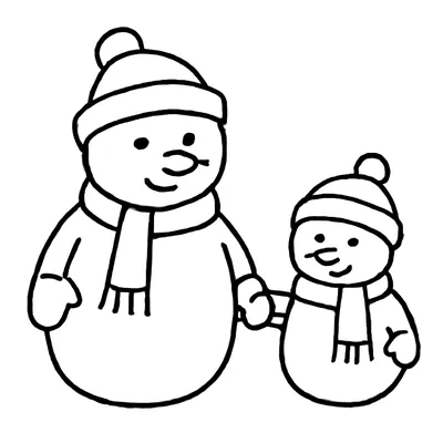 Simple snowman coloring page of a big snowman and a little snowman holding hands, both in knitted hats and scarves.