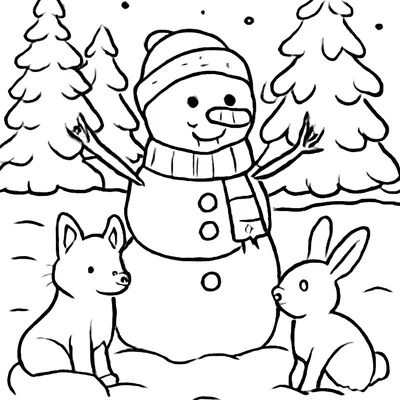 Snowman coloring page of a snowman in a hat and scarf in a snowy pine forest, with a fox and a rabbit sitting beside it.