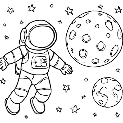 Space coloring page of an astronaut floating near the cratered Moon with Earth in the distance and stars all around.