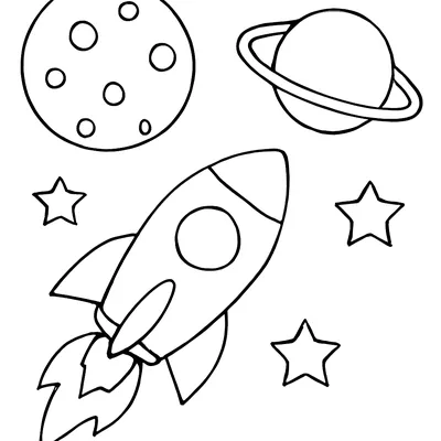Simple space coloring page of a rocket flying past the Moon and a ringed planet, with stars around it.