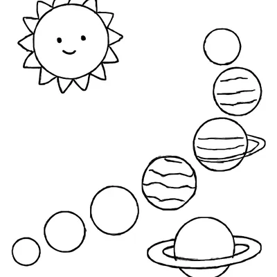 Simple space coloring page of the Sun with a smiling face and eight planets in a curving line, two of them with rings.
