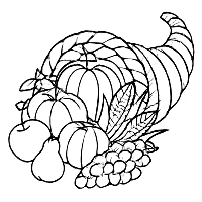 Thanksgiving coloring page of a cornucopia overflowing with pumpkins, an apple, a pear, corn and grapes.