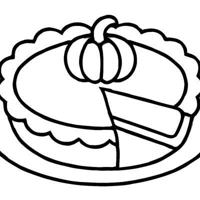 Simple Thanksgiving coloring page of a pumpkin pie on a plate with one slice cut out and a small pumpkin on top, thick outlines.
