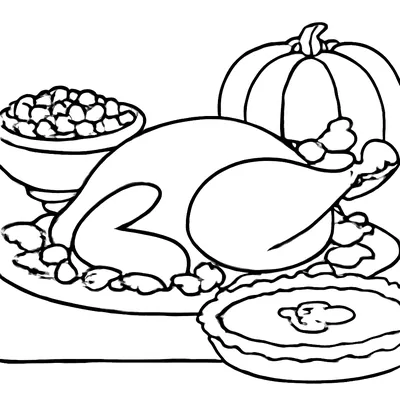 Thanksgiving coloring page of a roast turkey on a platter with a pumpkin pie, a whole pumpkin and a bowl of corn on the table.