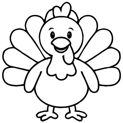 Simple turkey coloring page of a smiling cartoon turkey with a big fan of rounded tail feathers, thick outlines for young children.
