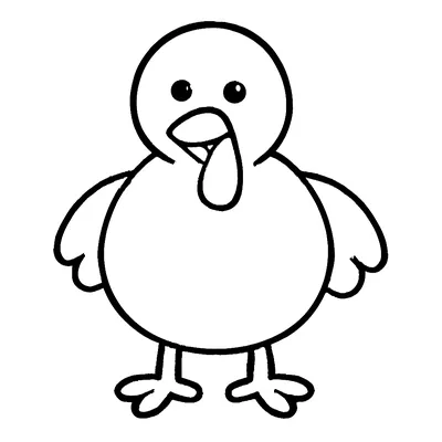 Turkey coloring page without tail feathers: a round turkey body with a head, a wattle, small wings and feet, ready for paper or handprint feathers.
