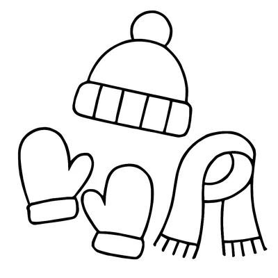 Simple winter coloring page of a pair of mittens, a knitted hat with a pompom and a scarf with fringed ends, thick outlines.