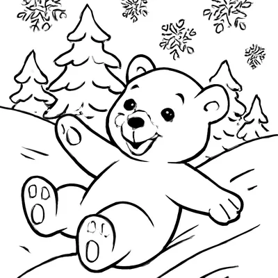 Winter coloring page of a polar bear cub sliding down a snowy slope, with pine trees and snowflakes behind it.