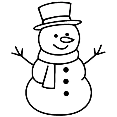 Simple winter coloring page of a smiling snowman with a top hat, a scarf, stick arms and three buttons, thick outlines.