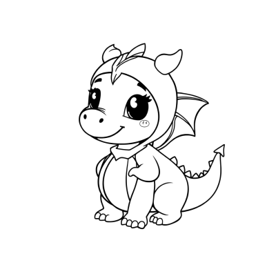 Black line art coloring page of a baby dragon wearing a pumpkin costume, on white paper.