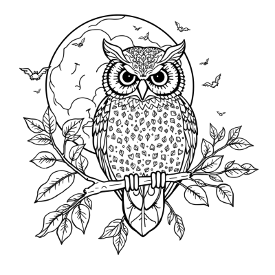 Black line art coloring page of an owl on a branch in front of a full moon with leaves and tiny bats, intricate feather patterns, on white paper.