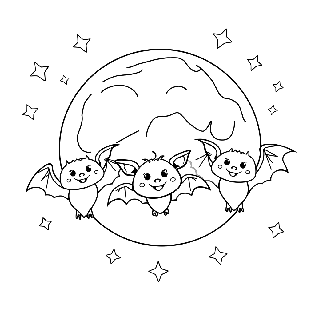 Black line art coloring page of three smiling bats flying in front of a large outlined full moon with stars around them.