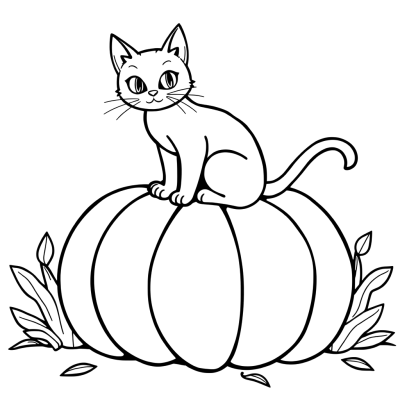 Black line art coloring page of a cute cat sitting on top of a big pumpkin with leaves at its base.