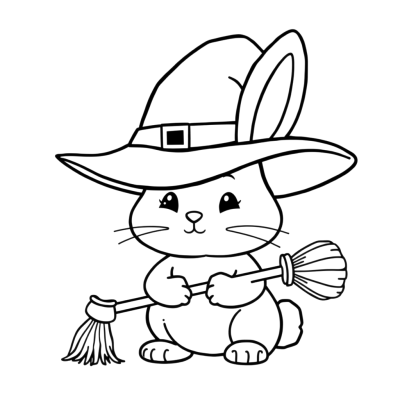 Black line art coloring page of a sweet bunny wearing a witch hat and holding a tiny broom, on white paper.