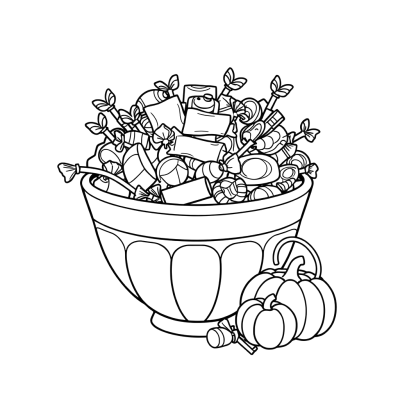 Black line art coloring page of a big bowl heaped with wrapped candies, lollipops and a pumpkin pail beside it, on white paper.