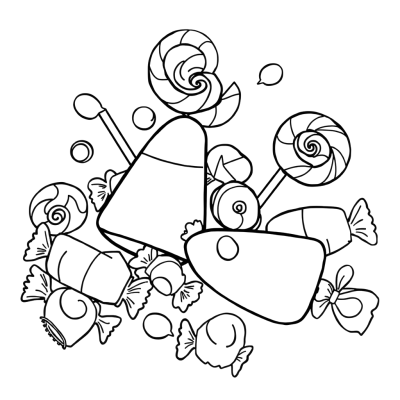 Black line art coloring page of candy corn, swirly lollipops and wrapped candies scattered together.