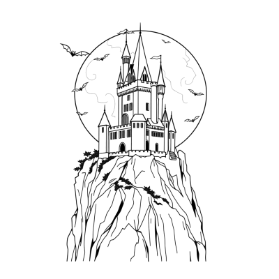 Black line art coloring page of a tall castle on a cliff with bats and a big full moon behind, on white paper.