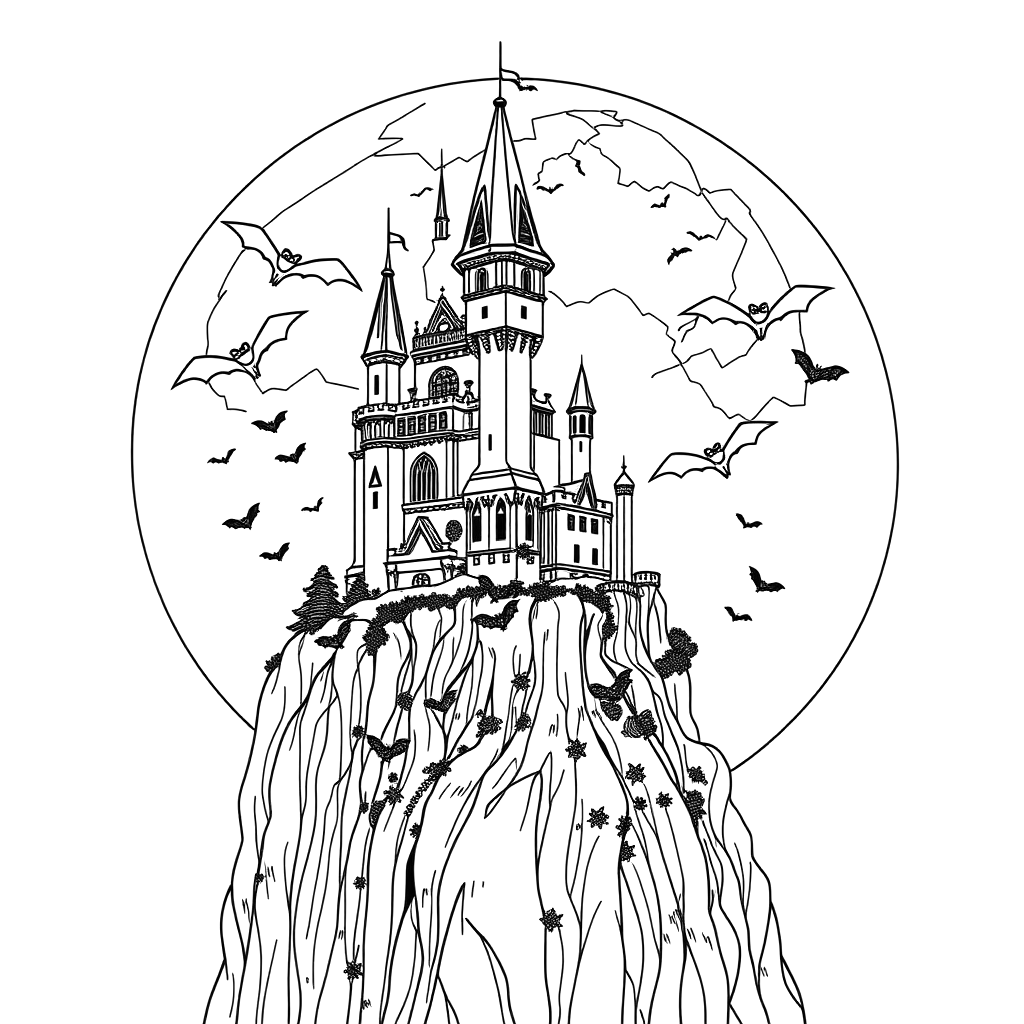 Black line art coloring page of a tall castle on a cliff with bats and a big full moon behind, on white paper.
