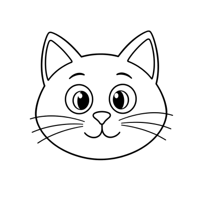 Black line art coloring page of a big black cat face with large round eyes and whiskers, on white paper.
