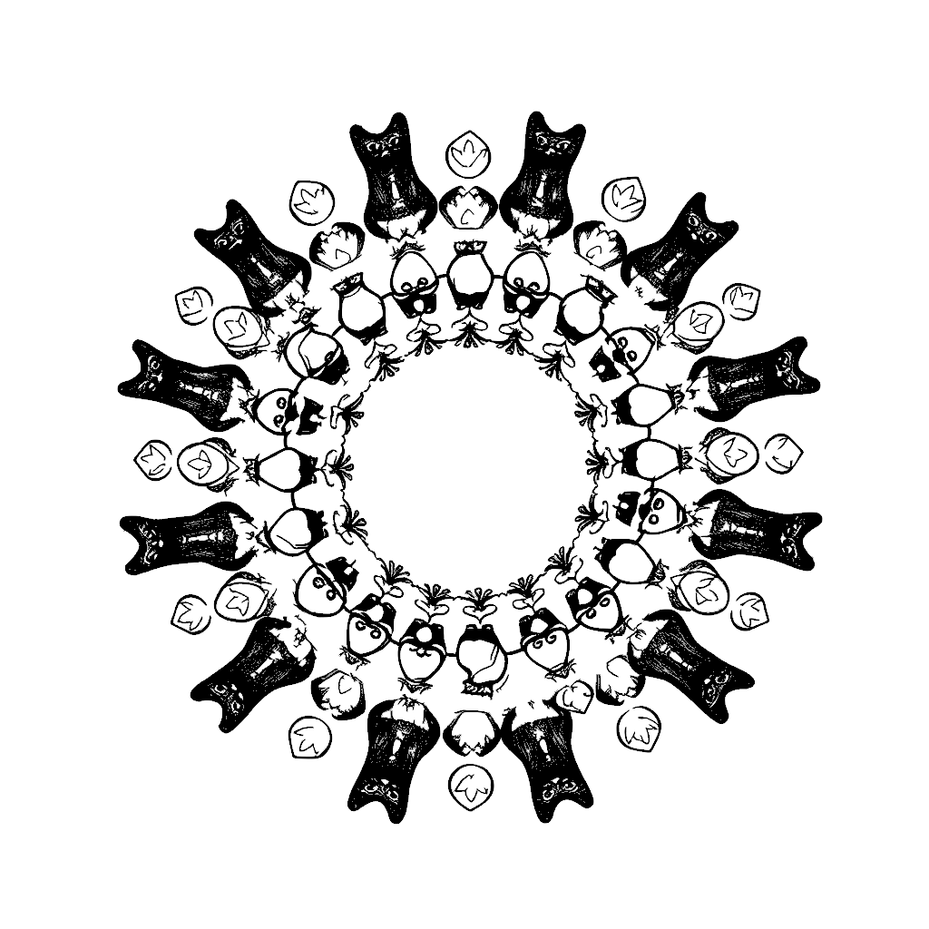 Black line art coloring page of a round mandala made of black cats, crescent moons and stars, on white paper.