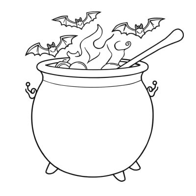 Black line art coloring page of a big bubbling cauldron with bats flying out and a long spoon, on white paper.