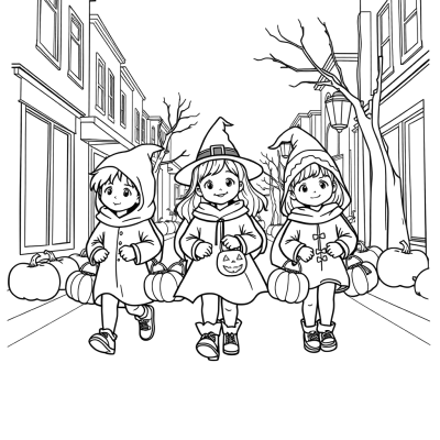Black line art coloring page of three children in Halloween costumes walking down a street with pumpkin buckets, on white paper.