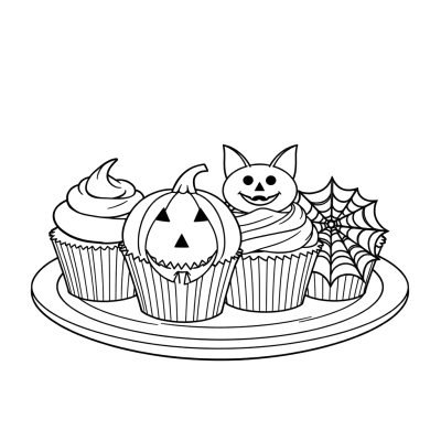 Black line art coloring page of four cupcakes on a plate, decorated as a jack-o-lantern, a bat and a spider web.