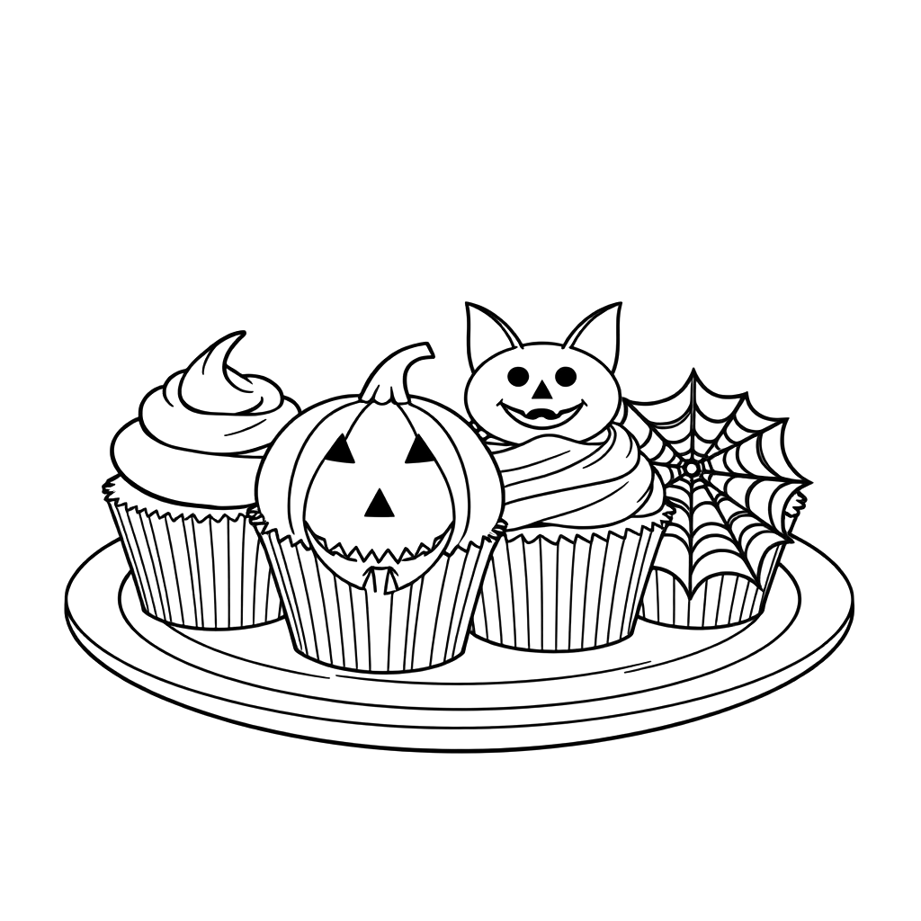 Black line art coloring page of four cupcakes on a plate, decorated as a jack-o-lantern, a bat and a spider web.
