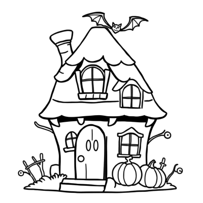 Black line art coloring page of a cute cartoon haunted house with a crooked chimney, a bat on the roof and a pumpkin by the front door.