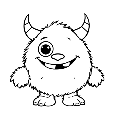 Black line art coloring page of a fuzzy smiling monster with one big eye, two small horns and shaggy arms.