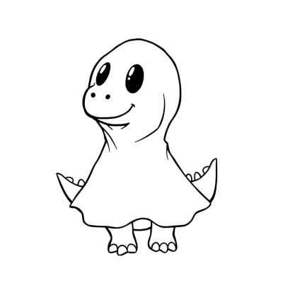 Black line art coloring page of a little dinosaur wearing a ghost sheet costume with two eye holes, on white paper.