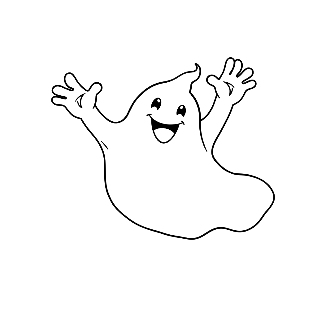 Black line art coloring page of a friendly smiling ghost floating with its arms raised.