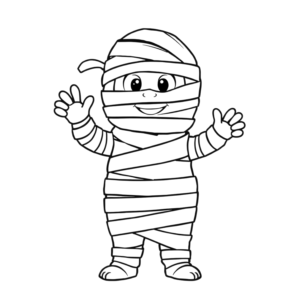 Black line art coloring page of a friendly cartoon mummy wrapped in bandages, waving both hands.