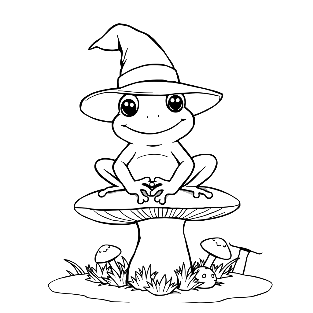 Black line art coloring page of a happy frog in a witch hat sitting on a toadstool with small mushrooms, on white paper.