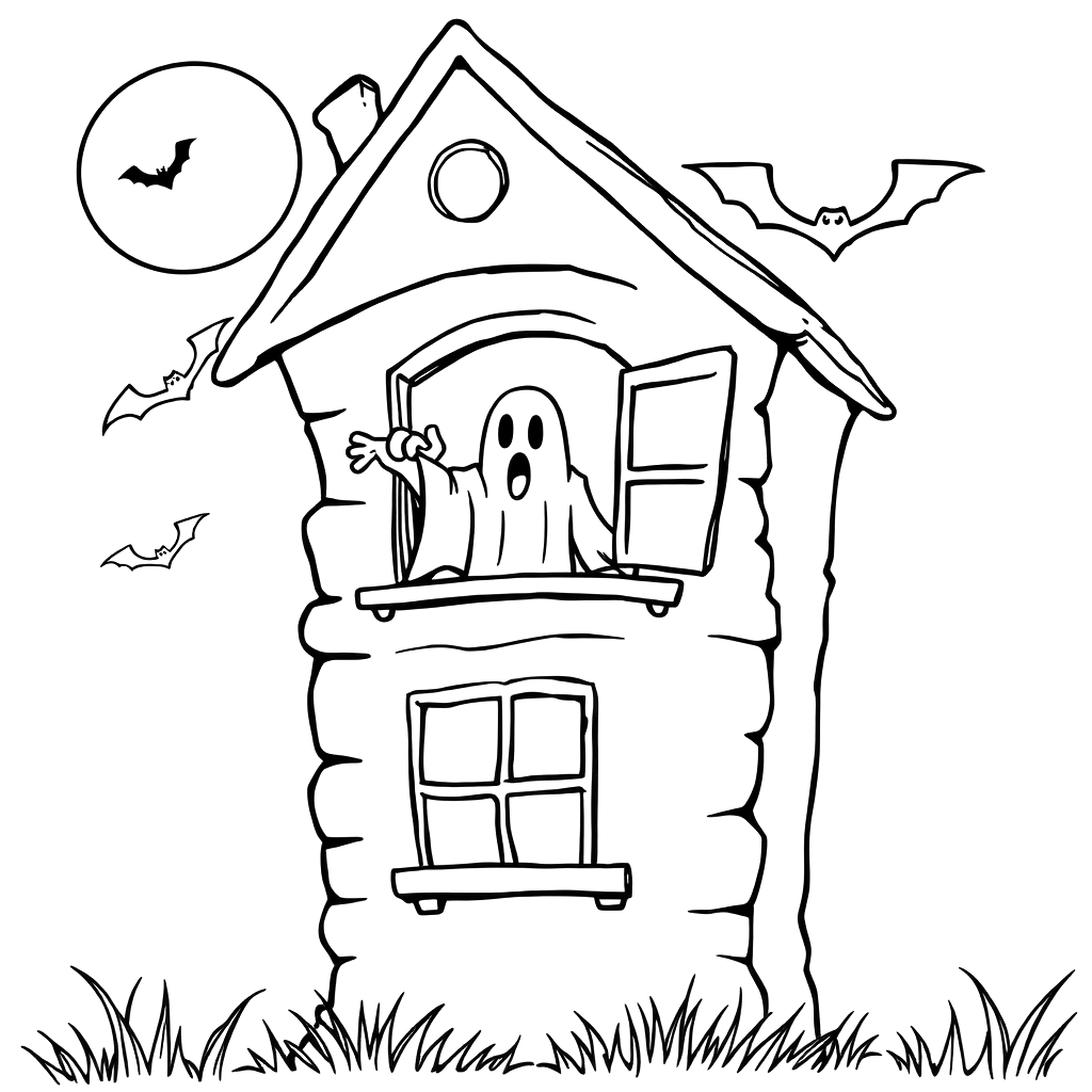 Black line art coloring page of a ghost waving from the upstairs window of a crooked house, with an outlined moon and two bats.