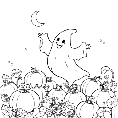 Black line art coloring page of a smiling ghost floating over a pumpkin patch at night, on white paper.