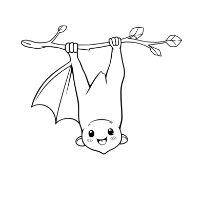 Black line art coloring page of a cute smiling bat hanging upside down from a thin leafy branch.