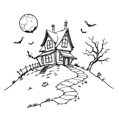 Black line art coloring page of a crooked haunted house on a hill with a winding stone path, bats flying around and an outlined full moon.