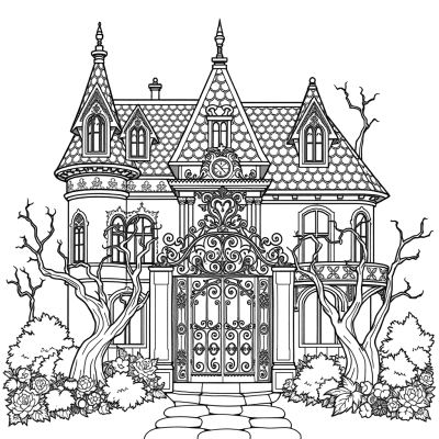 Detailed black line art coloring page of an ornate Victorian mansion with patterned roof tiles, a wrought-iron gate and twisted bare trees.
