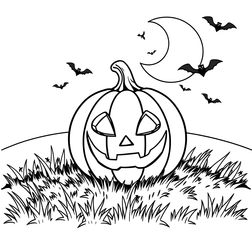 Black line art coloring page of a carved jack-o'-lantern on a grassy hill under a crescent moon with bats, on white paper.