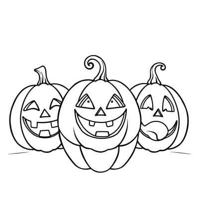 Black line art coloring page of three jack-o'-lanterns in a row with a happy face, a silly face with the tongue out and a surprised face.